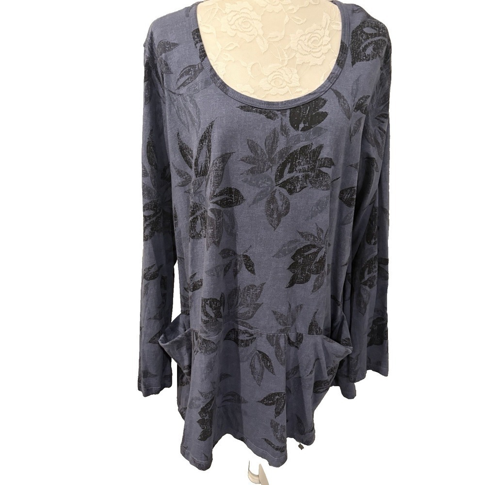 Prairie Cotton Lagenlook Tunic Top~L~ Blue Print Cotton Knit Pockets USA Made